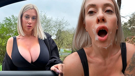 Büyük memeli sarışın otostopçu yüzünü büyük bir spermle örtmemi istiyor.